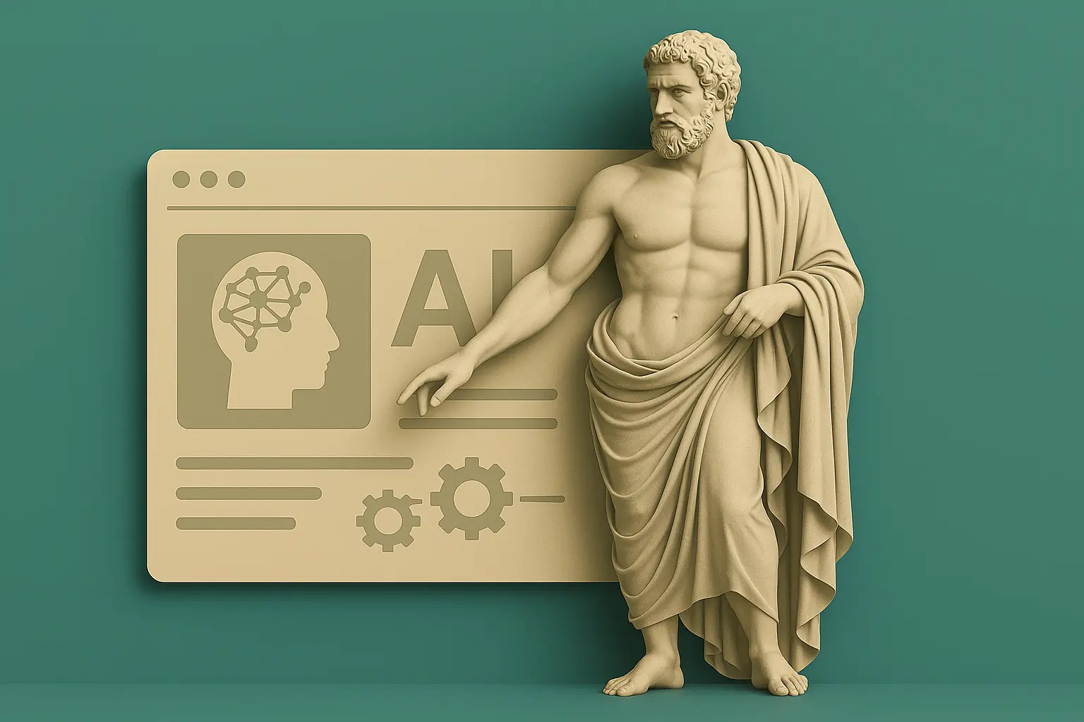 Digital artwork combining classical sculpture with a modern AI automation interface. A Greek statue gestures toward a stylized browser window displaying AI-related icons and gears.