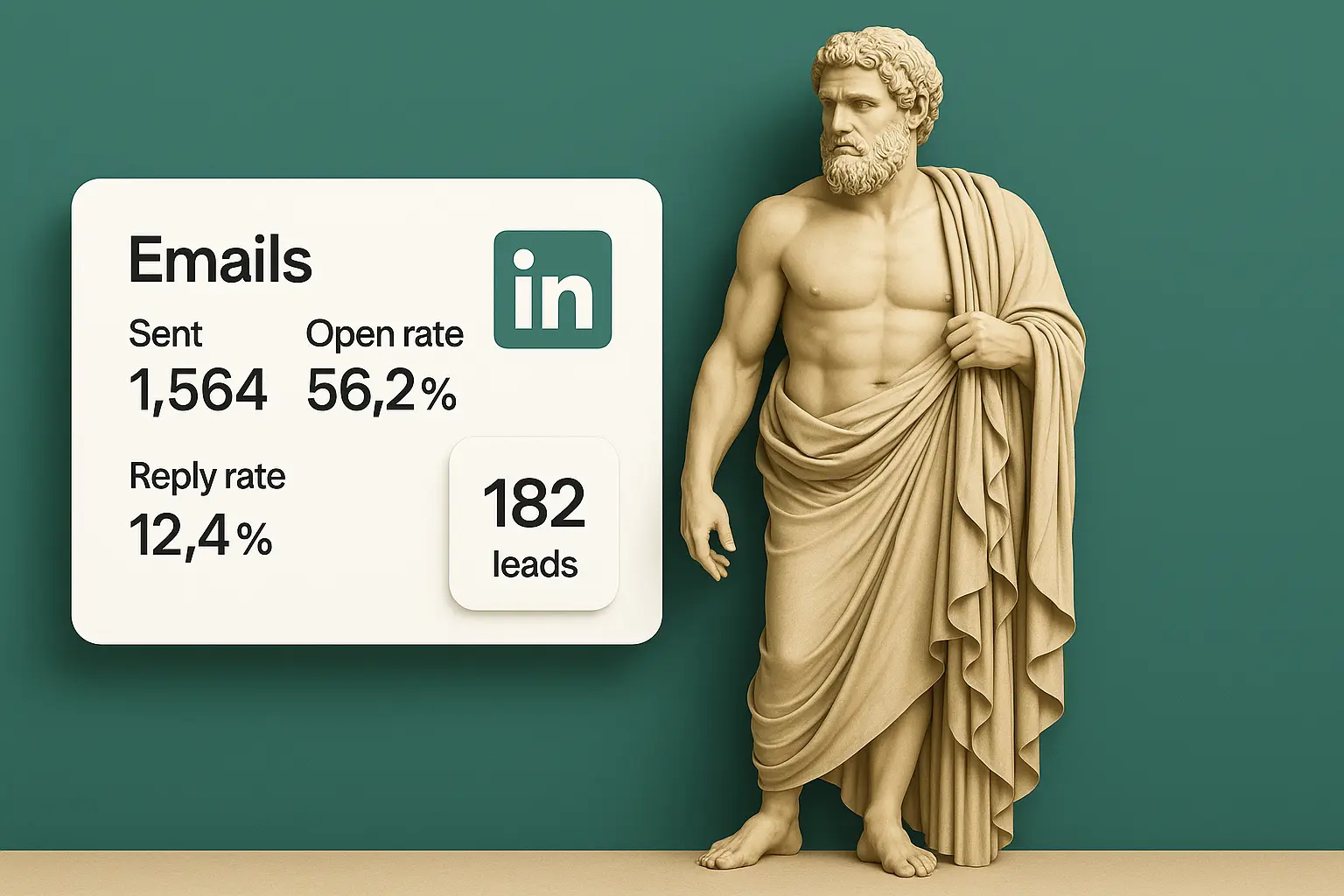 Dashboard showing successful lead generation campaign metrics: 1564 emails sent, 56.2% open rate, 182 leads.