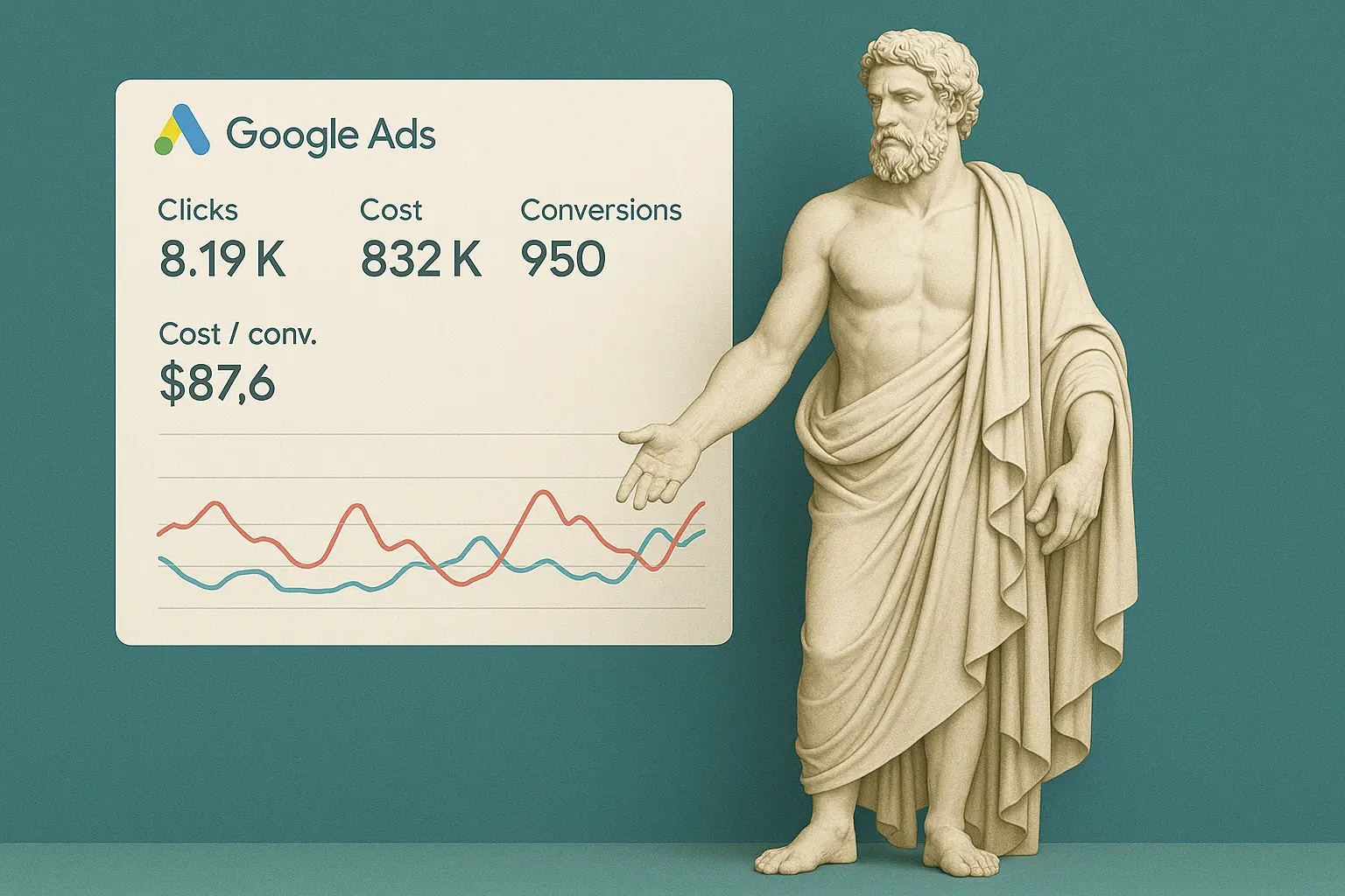 CaptivateClicks Google Ads dashboard showing 8,19K clicks, 950 conversions and $87.6 per conversion.