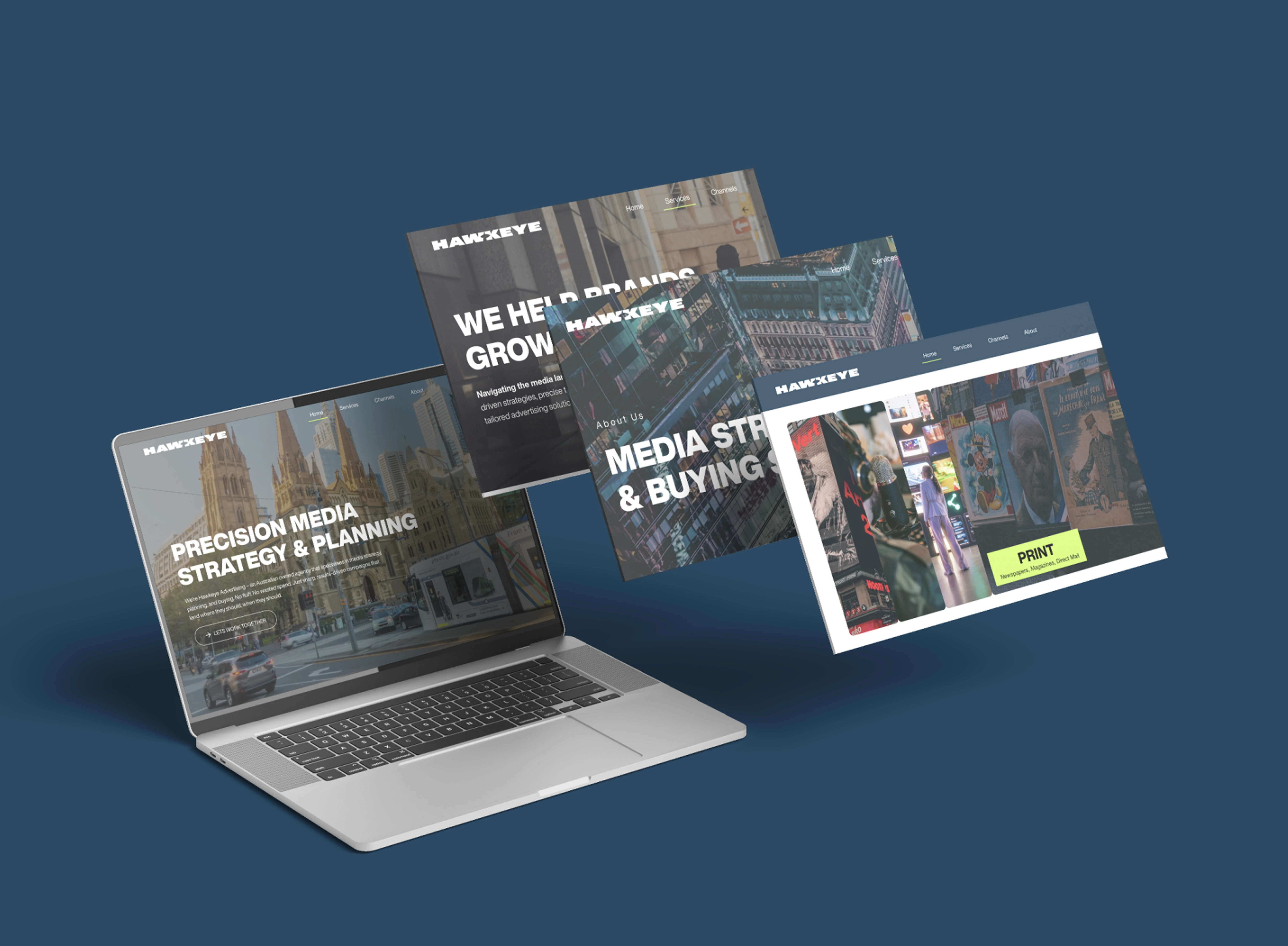 Hawkeye Advertising website mockup on laptop and tablet showcasing media strategy and branding services